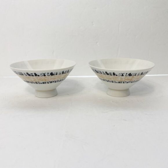 Set of Two (2) Seika China Rice Bowls Black Gold Mod Pictures Heiroglyphics - Picture 4 of 9